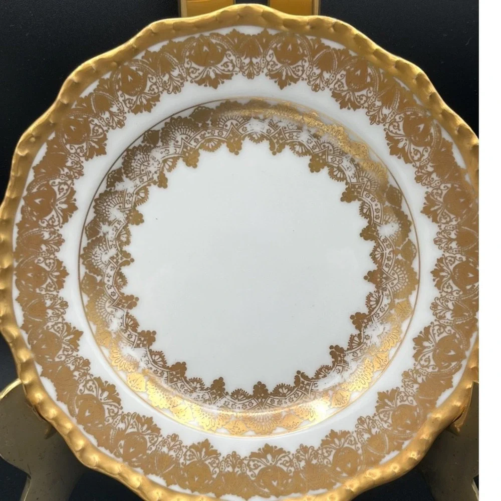 J Pouyat Limoges France Antique Gold Encrusted Scalloped Bread Plate White 6.25